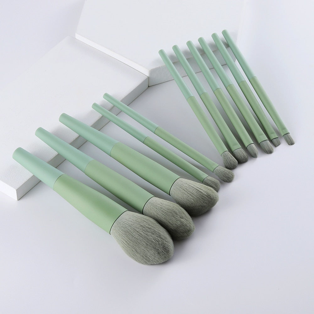 11pcs Natural Hair Green Makeup Brushes Foundation Powder Eyeshadow Eyebrow Brush Set Cosmetic Tools